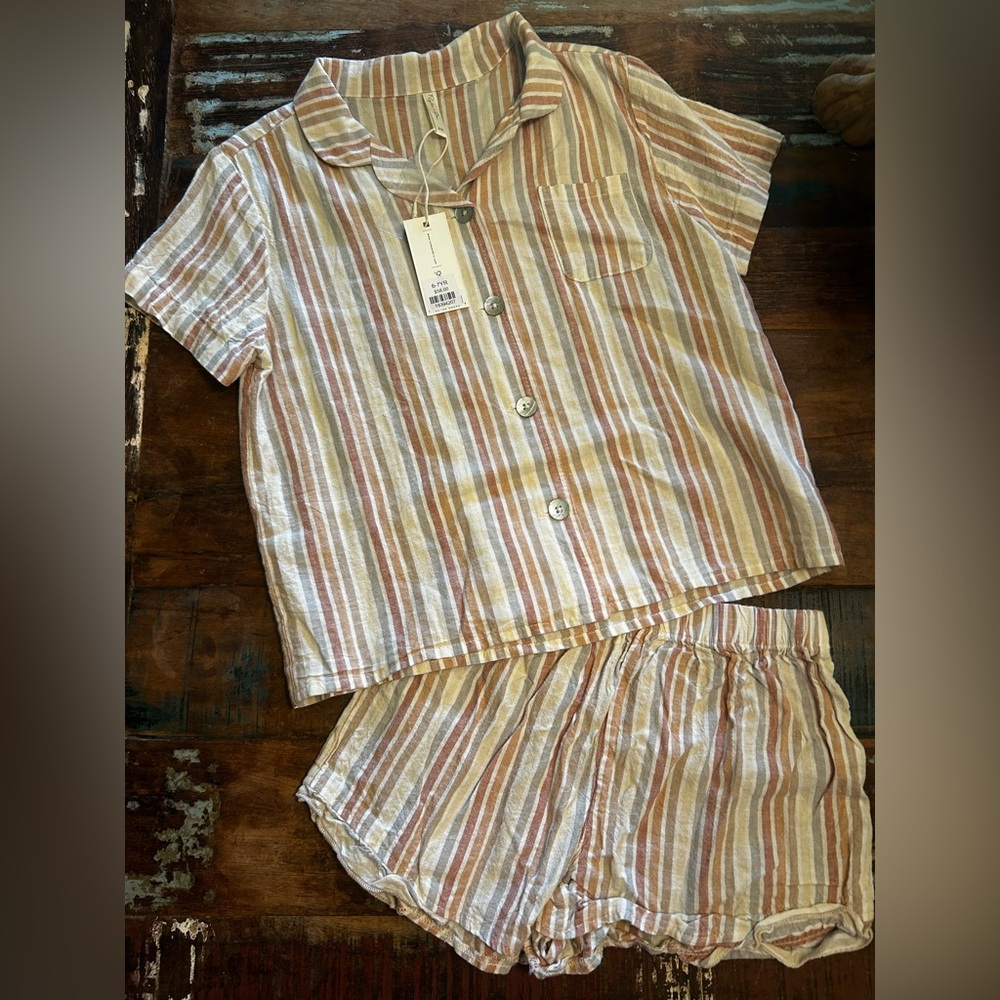 Rylee + Cru Short Sleeve Linen Set in Pastel Stripes